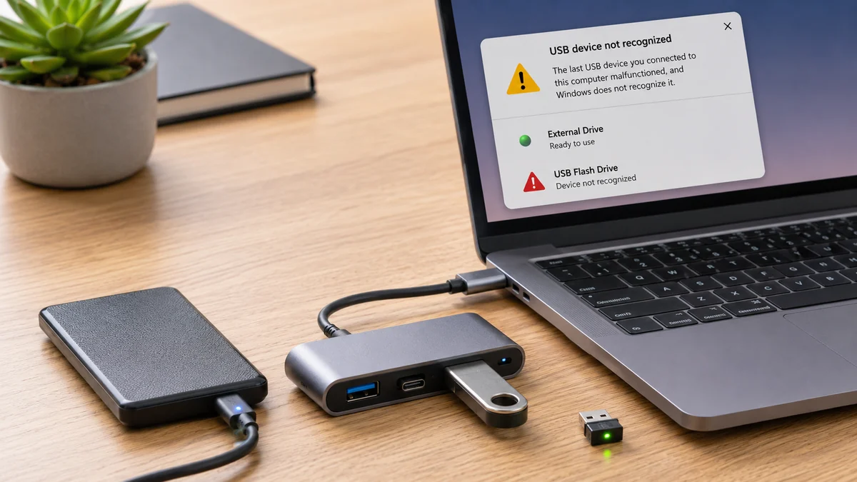 USB-C hub connected to a laptop with a USB drive inserted